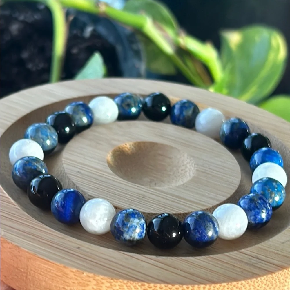 ✨ Handmade Lapis Lazuli + Moonstone + Black Obsidian Beaded Bracelet